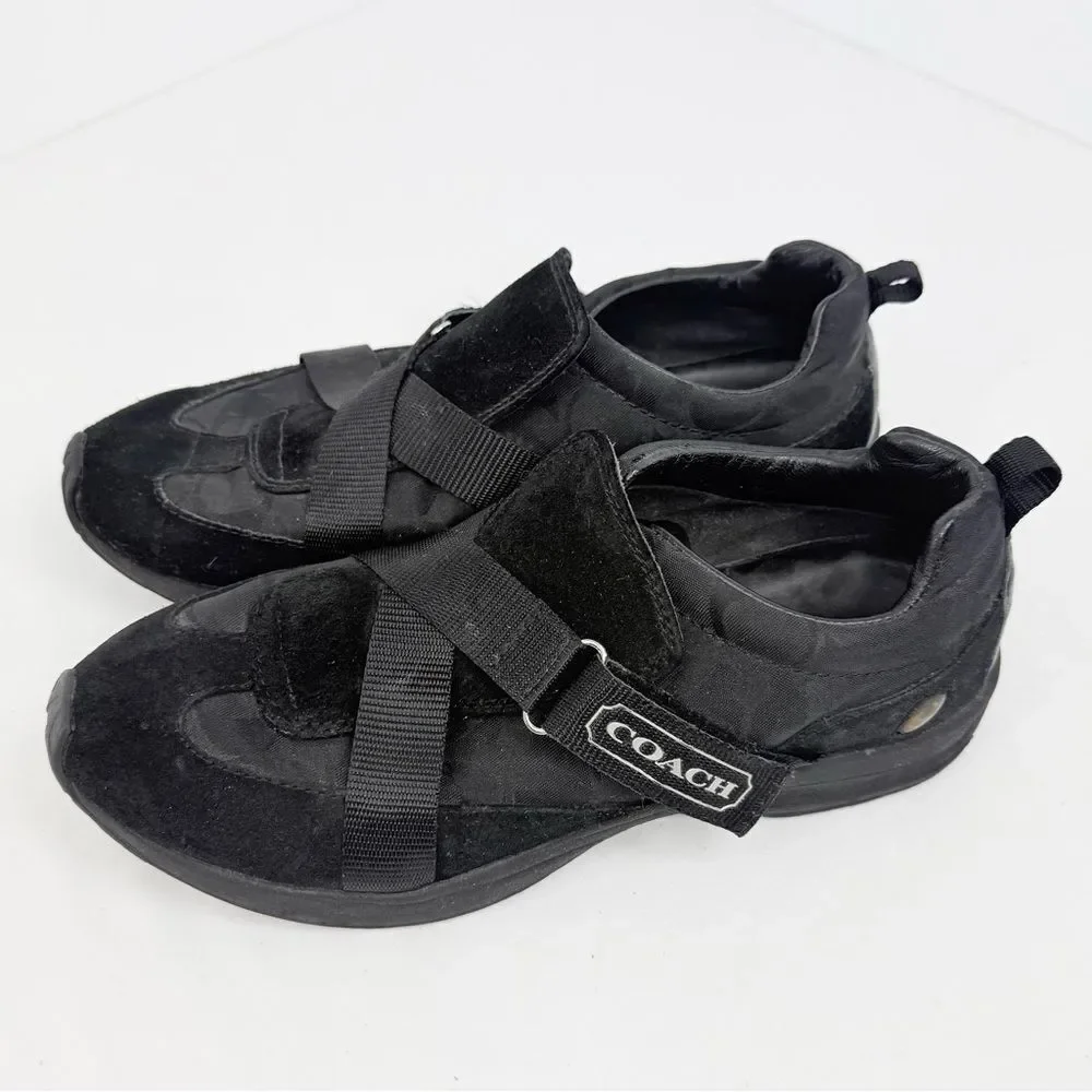 Coach Micki Black Suede Signature Monogram Canvas Cross Latch Casual Sneakers